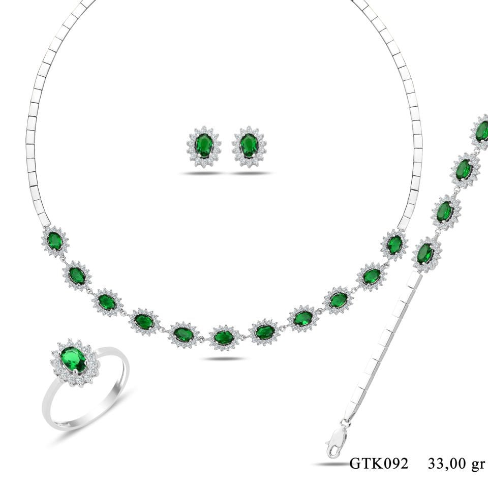 925 Ayar Gümüş Yeşil Taşlı Çiçek Modeli Tam Tur Su Yolu Set