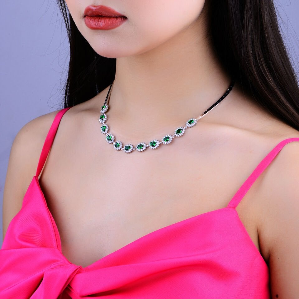 925 Ayar Gümüş Yeşil Taşlı Çiçek Modeli Tam Tur Su Yolu Set