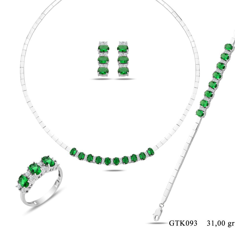 925 Ayar Gümüş 6/4 MM Zümrüt Yeşili Taşlı Tam Tur Su Yolu Set