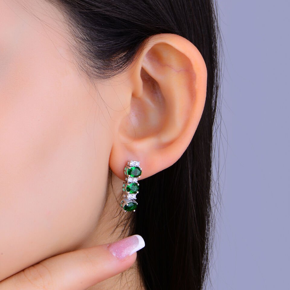 925 Ayar Gümüş 6/4 MM Zümrüt Yeşili Taşlı Tam Tur Su Yolu Set