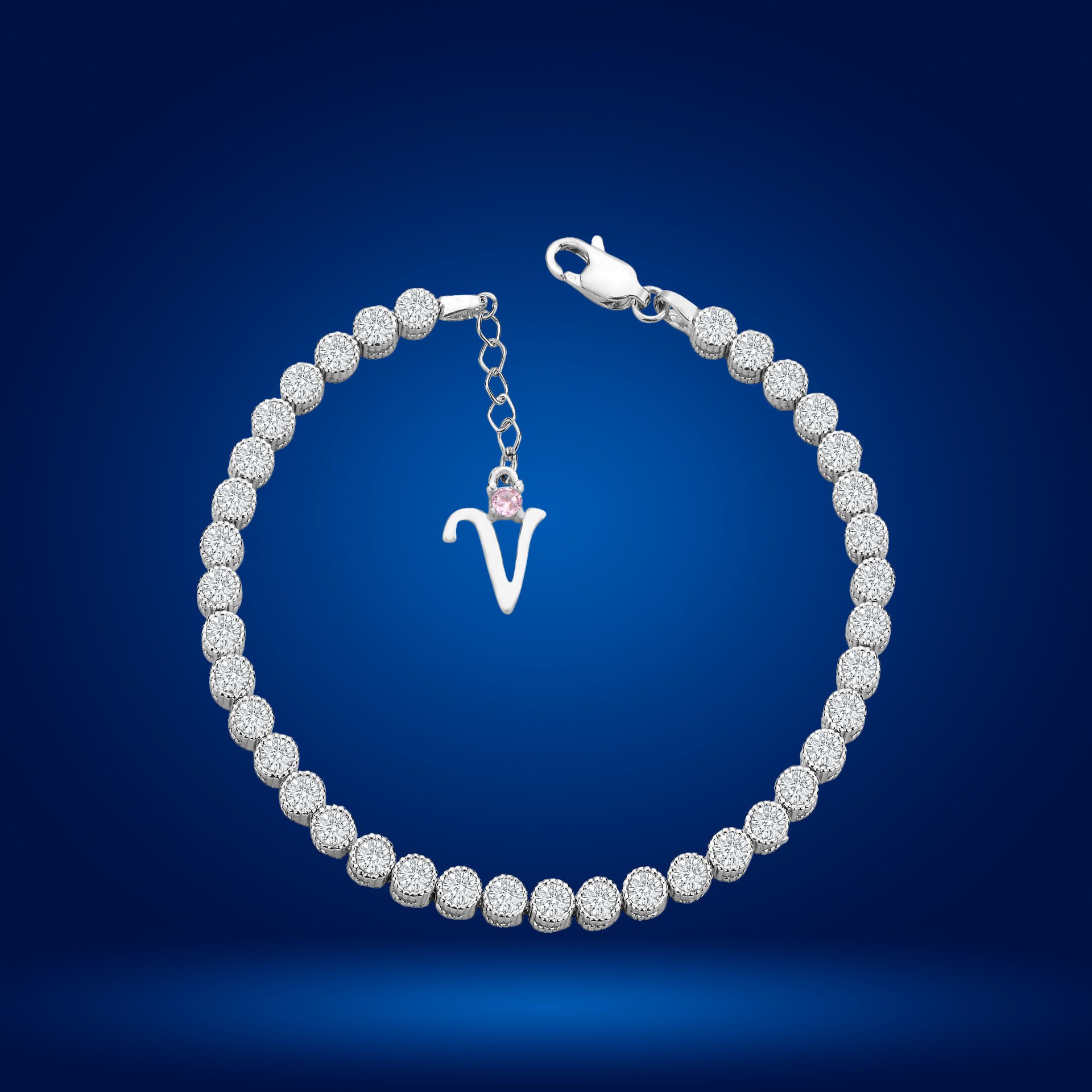 925 Ayar Gümüş 4 MM Pırlanta Taşlı Zincir Harfli Su Yolu Bileklik V