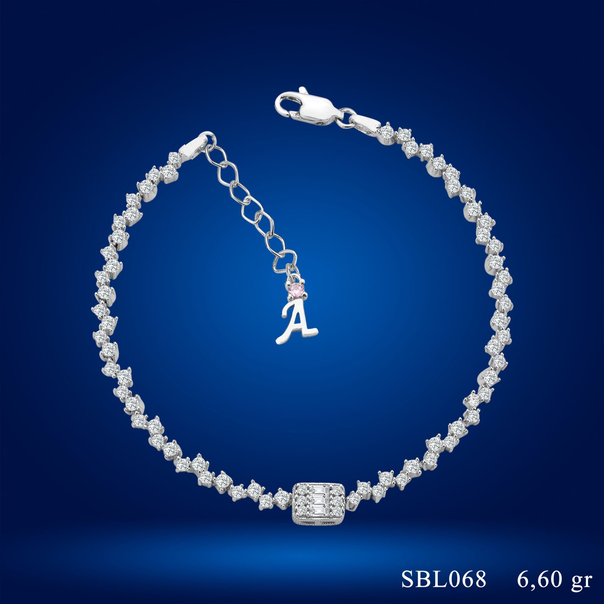 925 Ayar Gümüş Baget Taşlı Zincir Harfli Su Yolu Bileklik