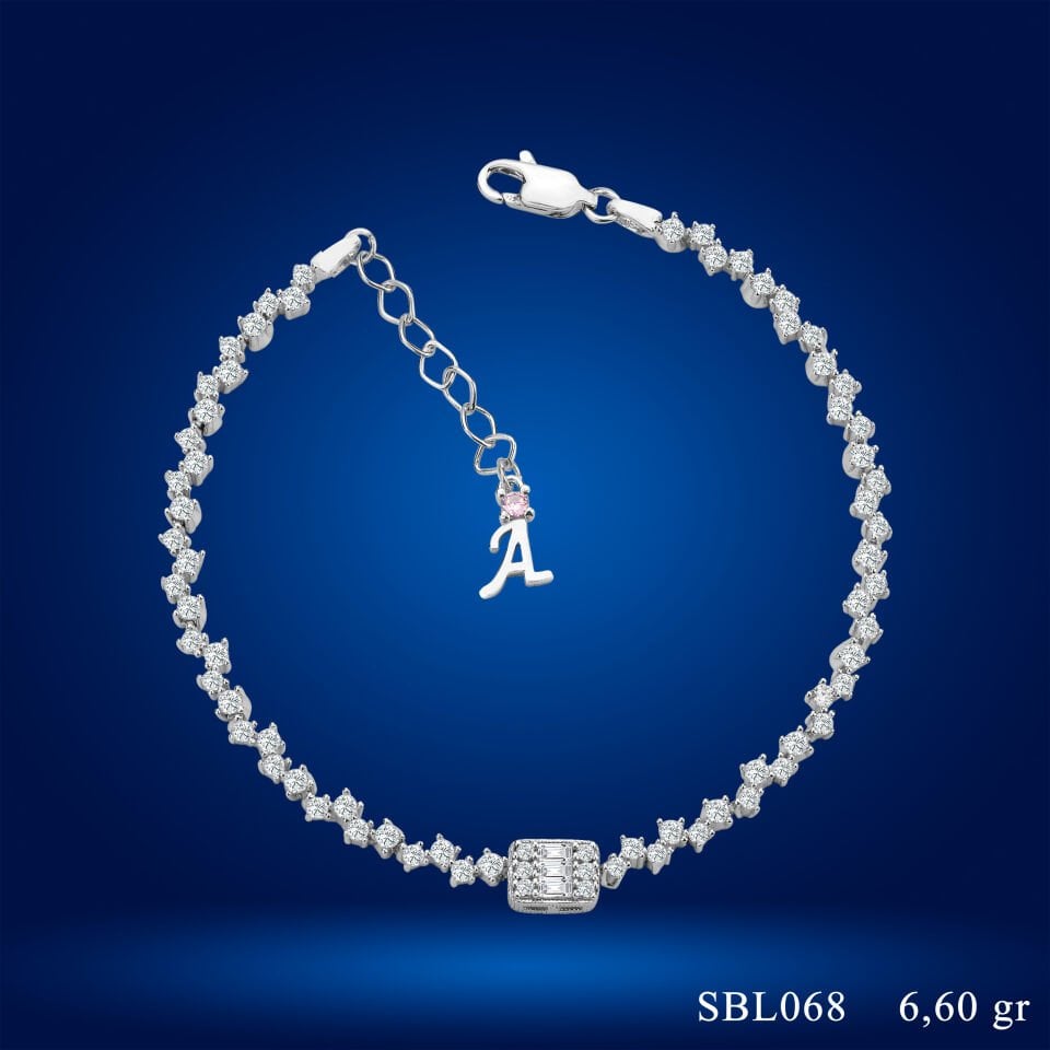 925 Ayar Gümüş Baget Taşlı Zincir Harfli Su Yolu Bileklik