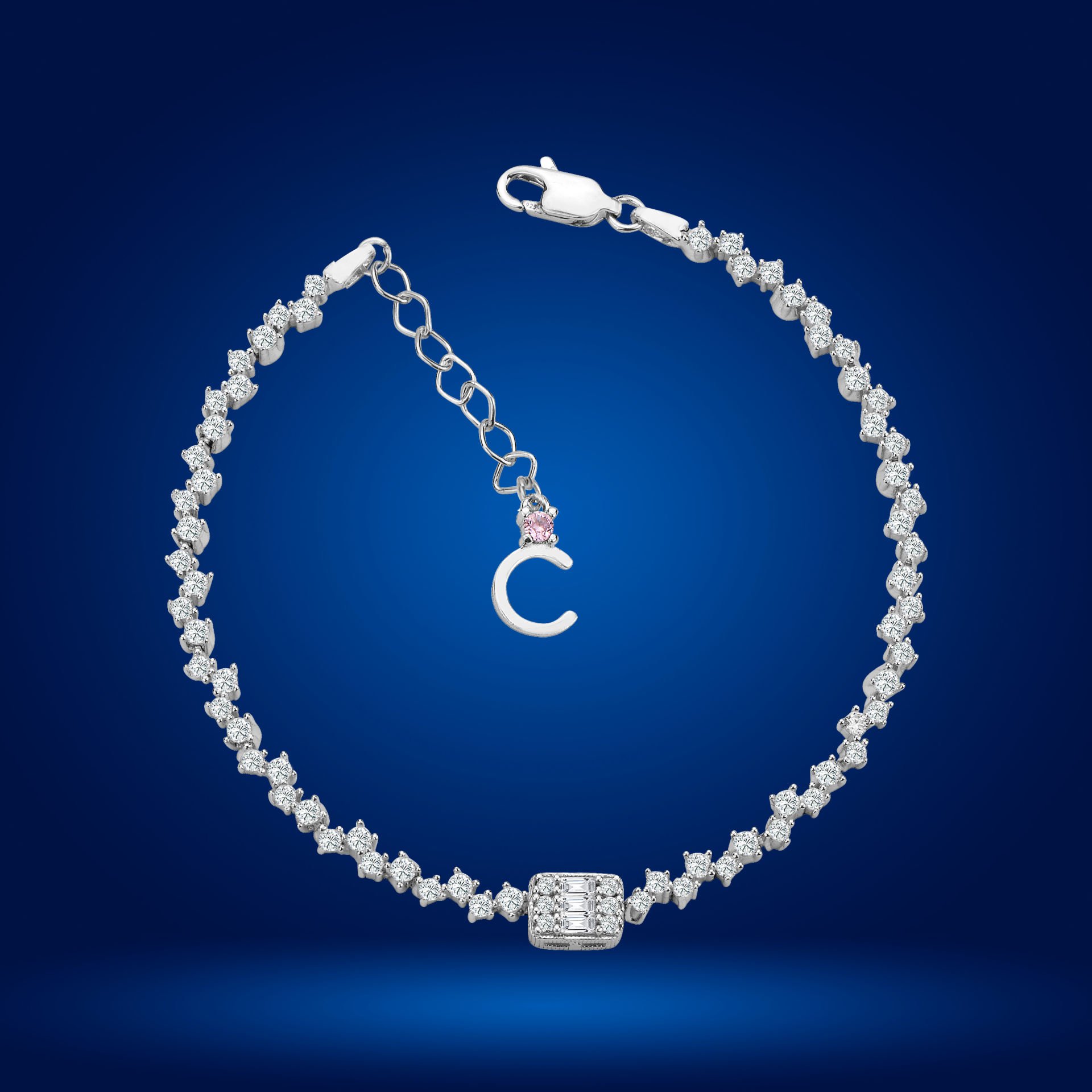 925 Ayar Gümüş Baget Taşlı Zincir Harfli Su Yolu Bileklik C