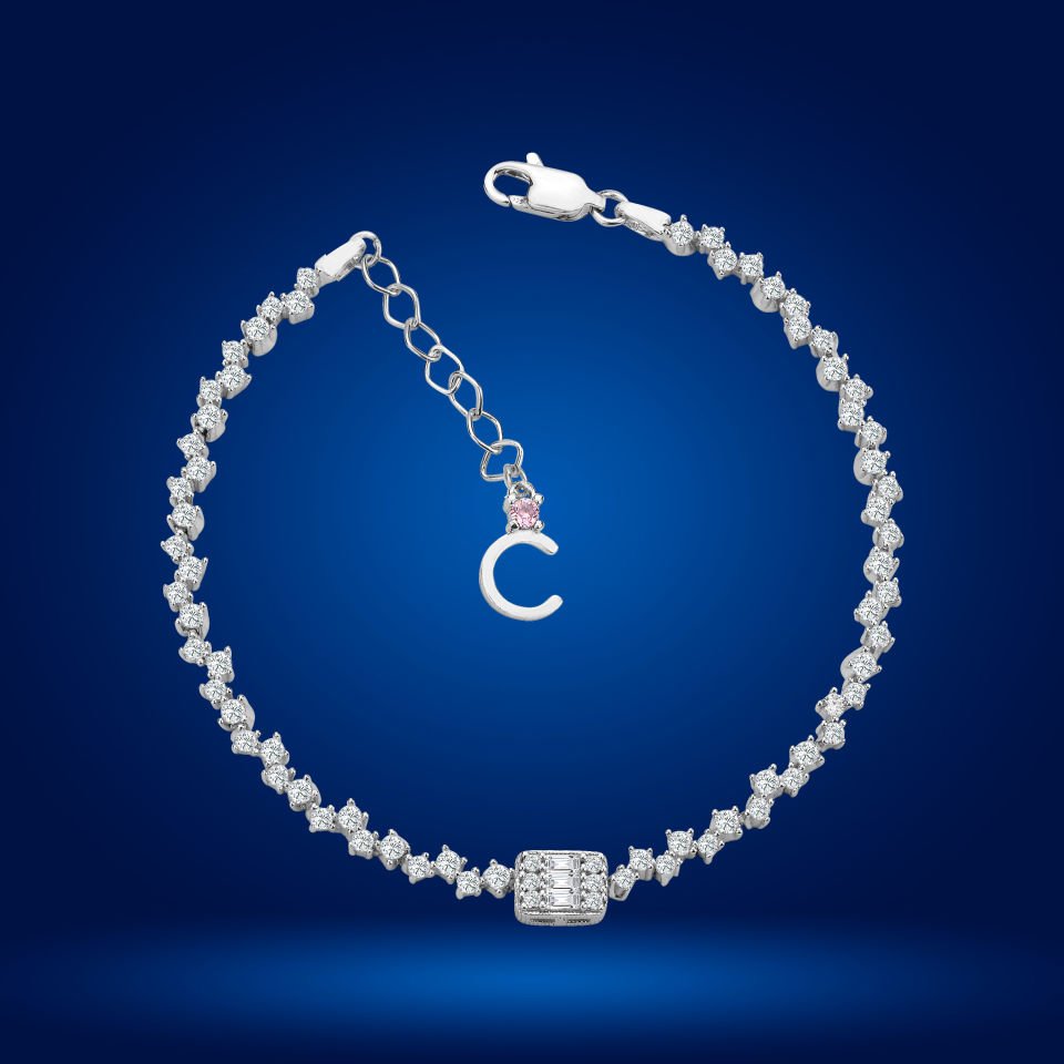 925 Ayar Gümüş Baget Taşlı Zincir Harfli Su Yolu Bileklik C