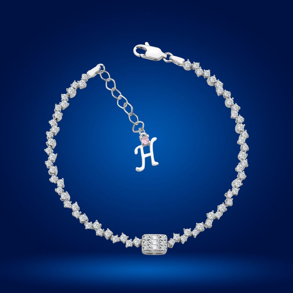 925 Ayar Gümüş Baget Taşlı Zincir Harfli Su Yolu Bileklik H