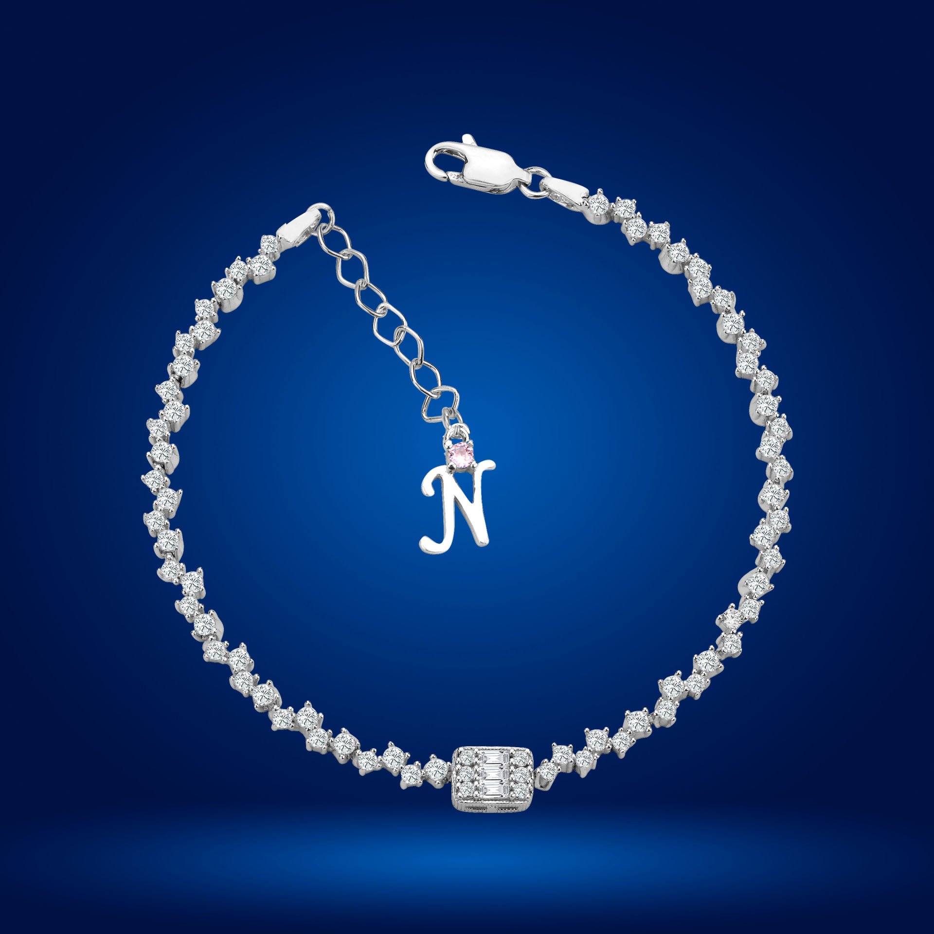 925 Ayar Gümüş Baget Taşlı Zincir Harfli Su Yolu Bileklik N