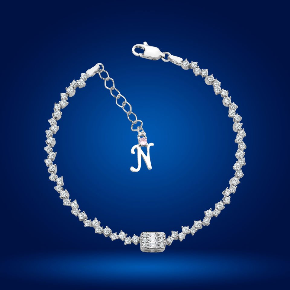 925 Ayar Gümüş Baget Taşlı Zincir Harfli Su Yolu Bileklik N