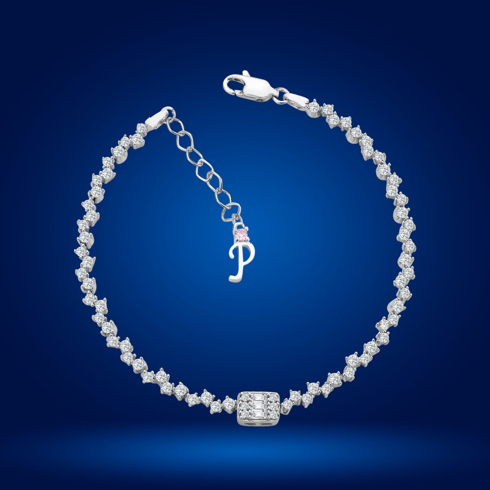 925 Ayar Gümüş Baget Taşlı Zincir Harfli Su Yolu Bileklik P