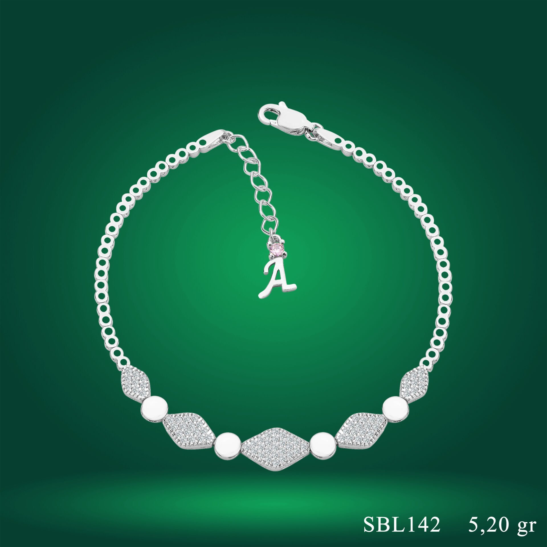 925 Ayar Gümüş Baklava Dilimi Zincir Harfli Su Yolu Bileklik