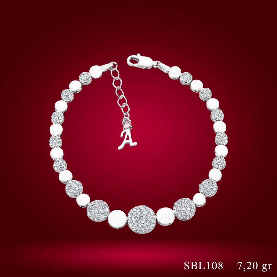 925 Ayar Gümüş Pırlanta Montürlü Zincir Harfli Su Yolu Bileklik