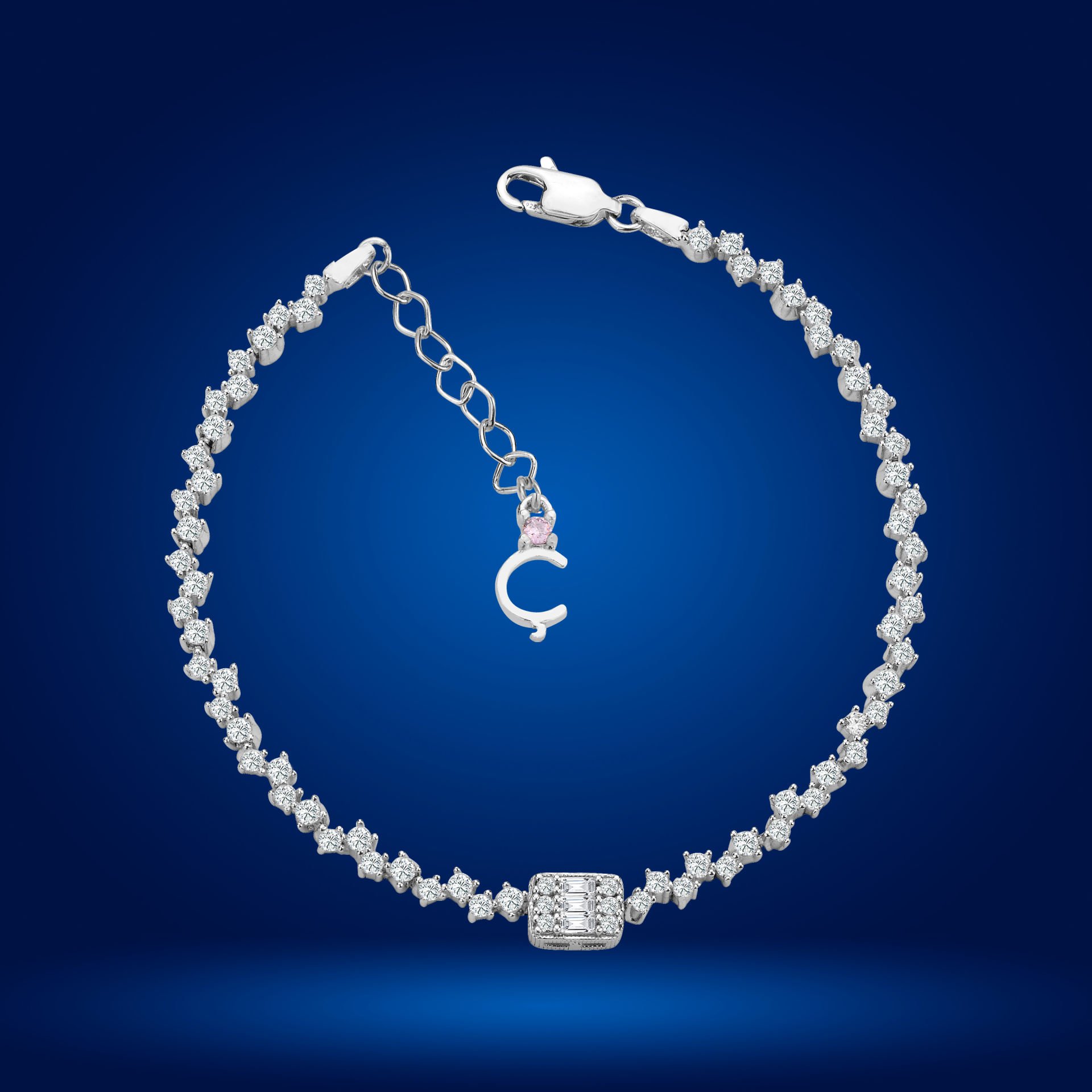 925 Ayar Gümüş Baget Taşlı Zincir Harfli Su Yolu Bileklik Ç