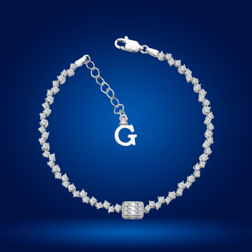 925 Ayar Gümüş Baget Taşlı Zincir Harfli Su Yolu Bileklik Ğ