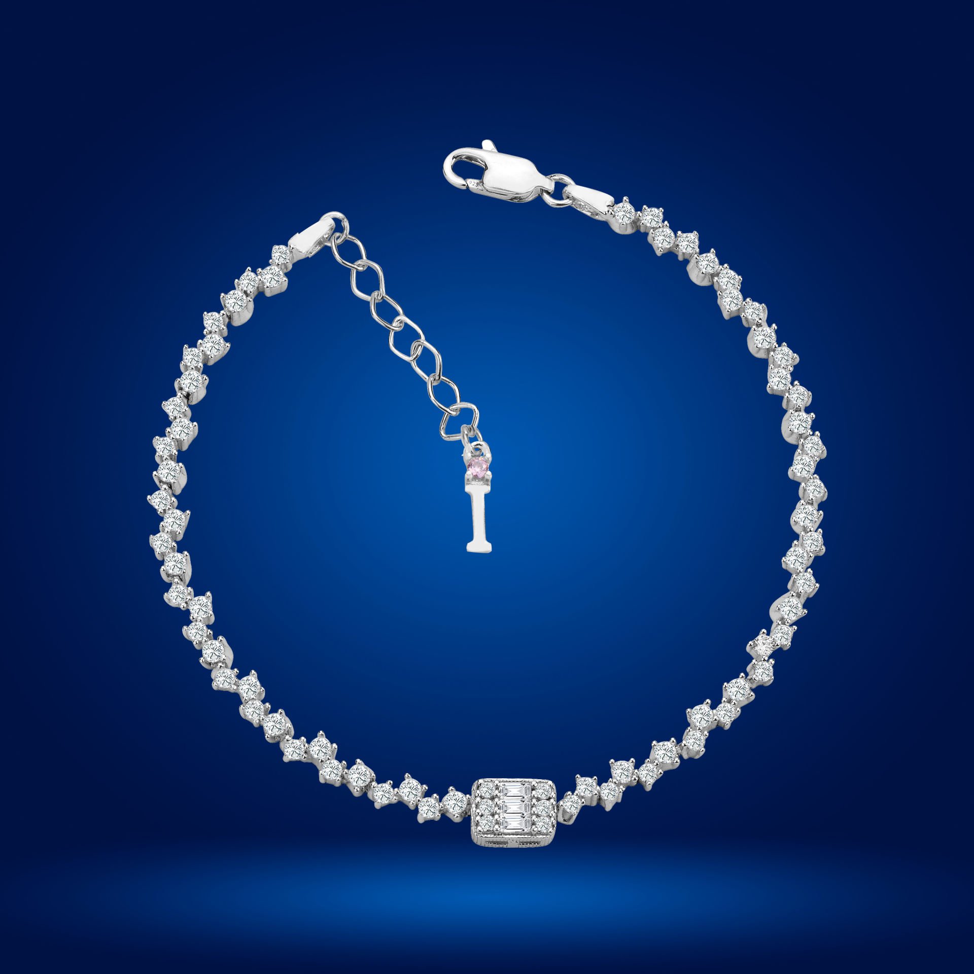 925 Ayar Gümüş Baget Taşlı Zincir Harfli Su Yolu Bileklik İ