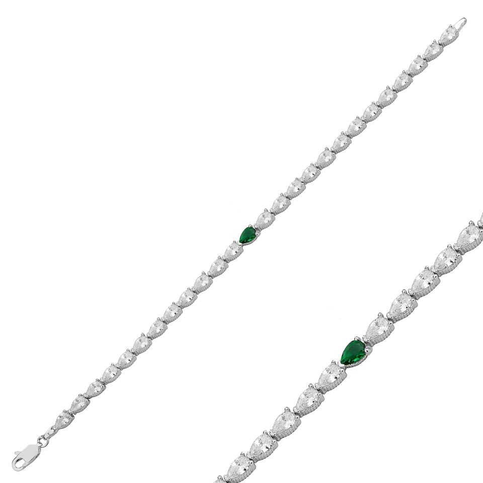 925 Ayar Gümüş Yeşil Damla Taşlı Zincir Harfli Su Yolu Bileklik