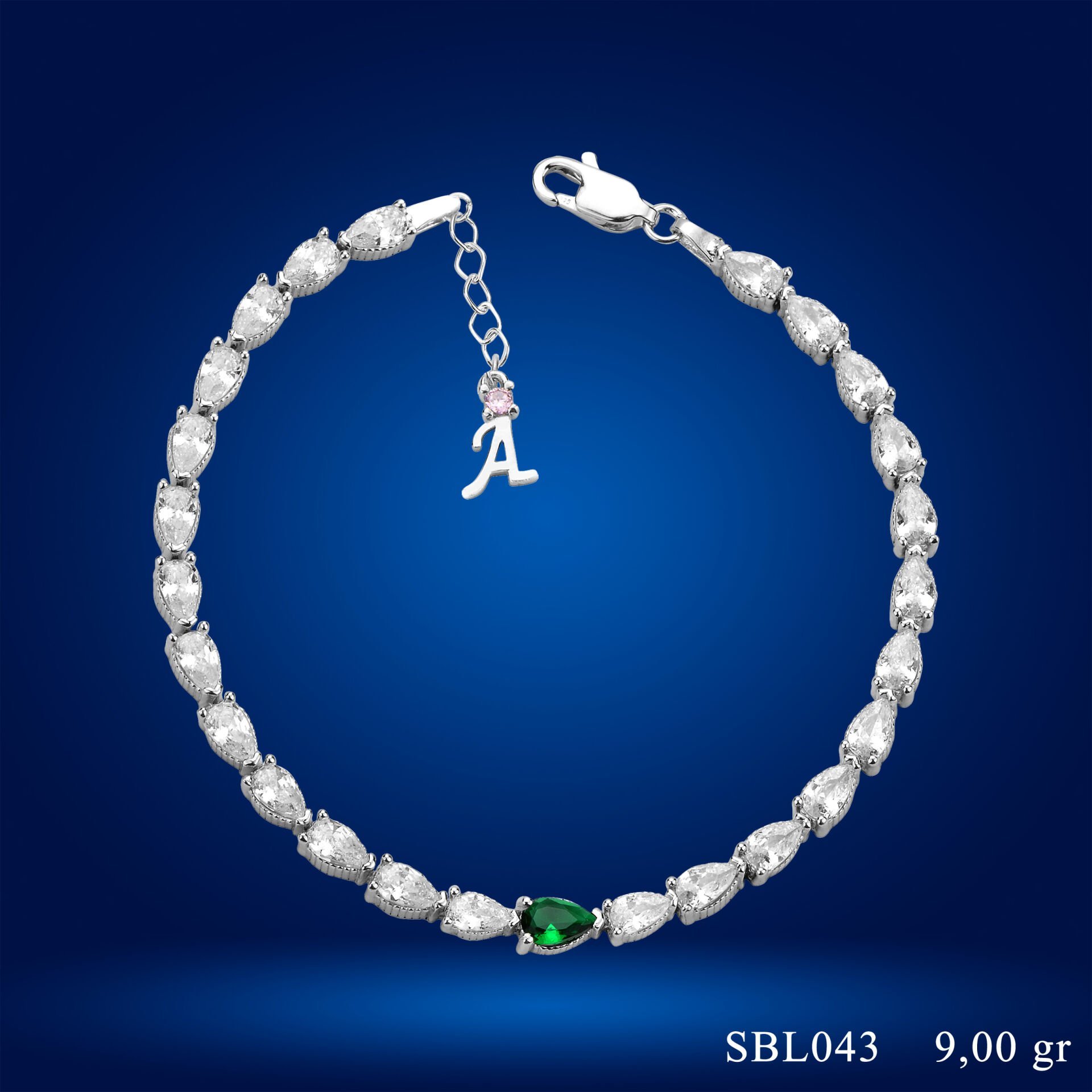 925 Ayar Gümüş Yeşil Damla Taşlı Zincir Harfli Su Yolu Bileklik