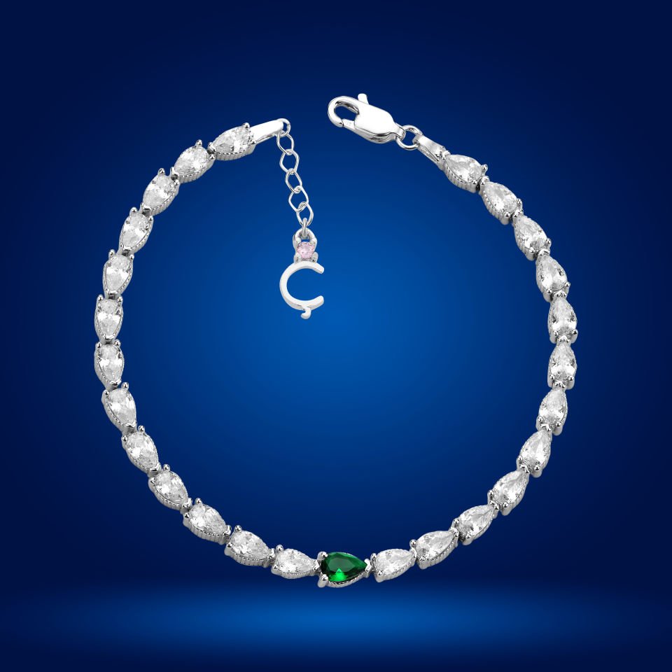 925 Ayar Gümüş Yeşil Damla Taşlı Zincir Harfli Su Yolu Bileklik Ç