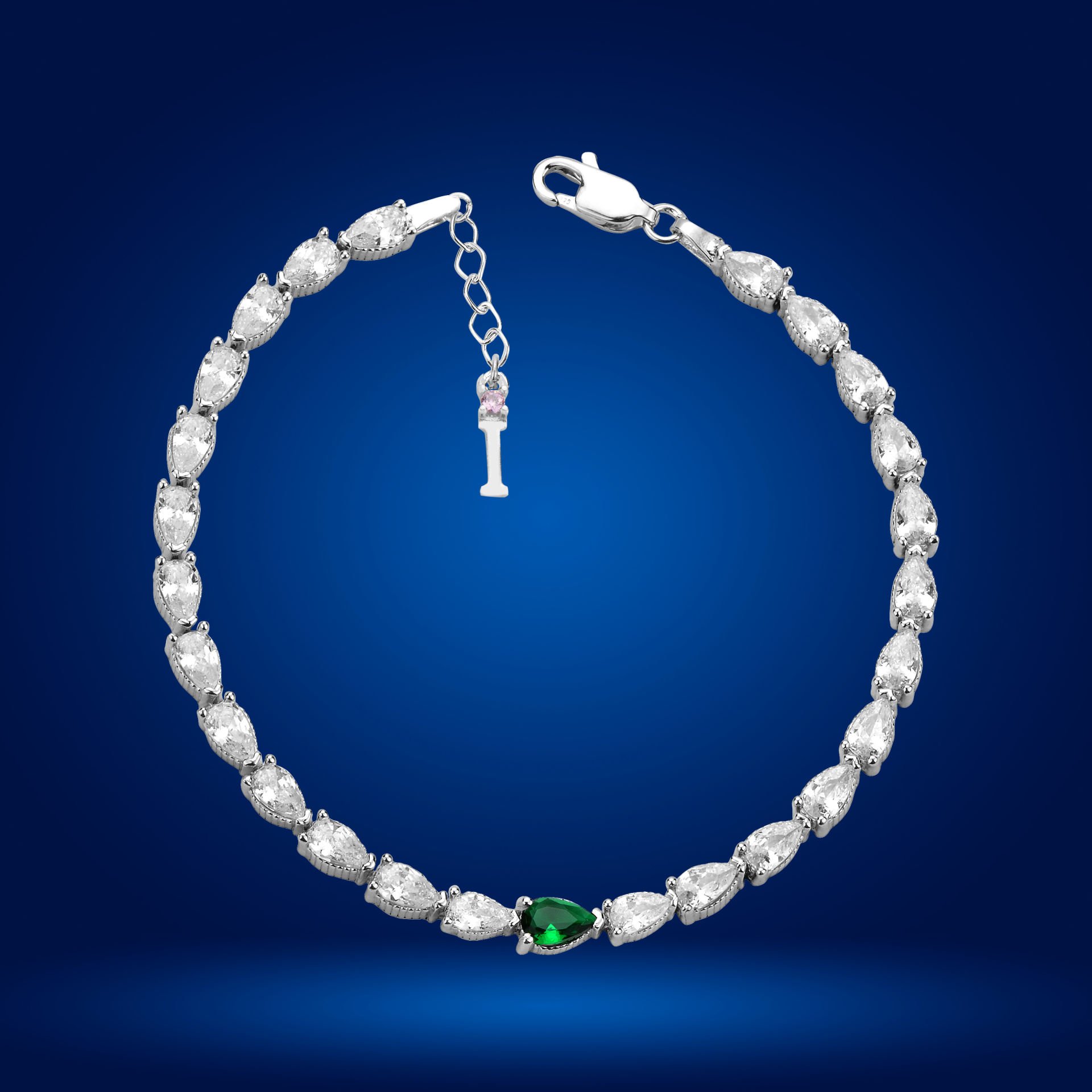 925 Ayar Gümüş Yeşil Damla Taşlı Zincir Harfli Su Yolu Bileklik I