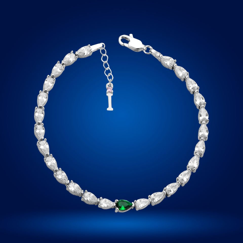 925 Ayar Gümüş Yeşil Damla Taşlı Zincir Harfli Su Yolu Bileklik İ