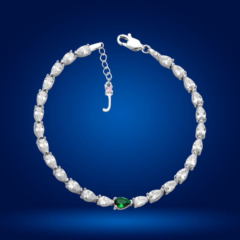 925 Ayar Gümüş Yeşil Damla Taşlı Zincir Harfli Su Yolu Bileklik J