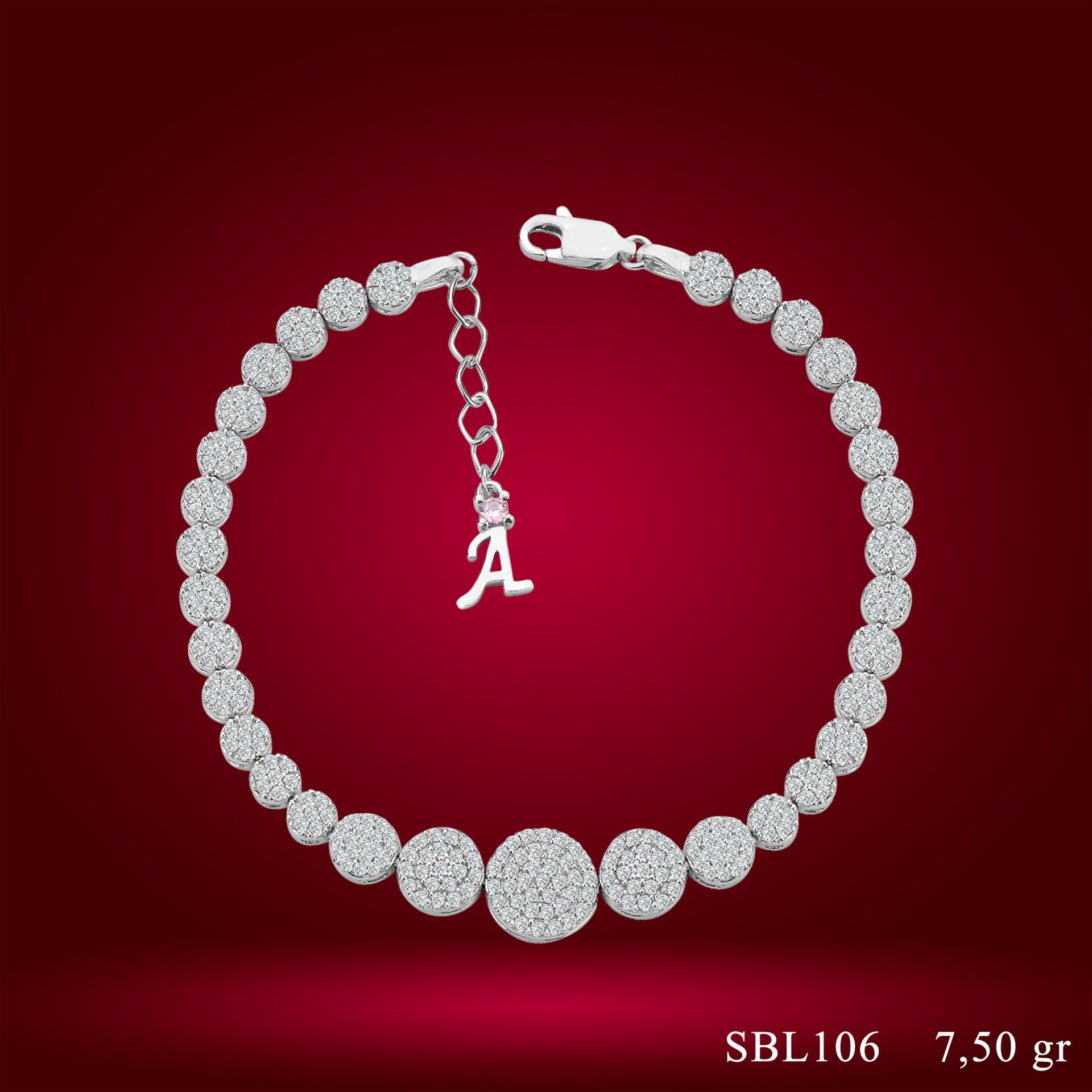 925 Ayar Gümüş Pırlanta Taşlı Zincir Harfli Su Yolu Bileklik