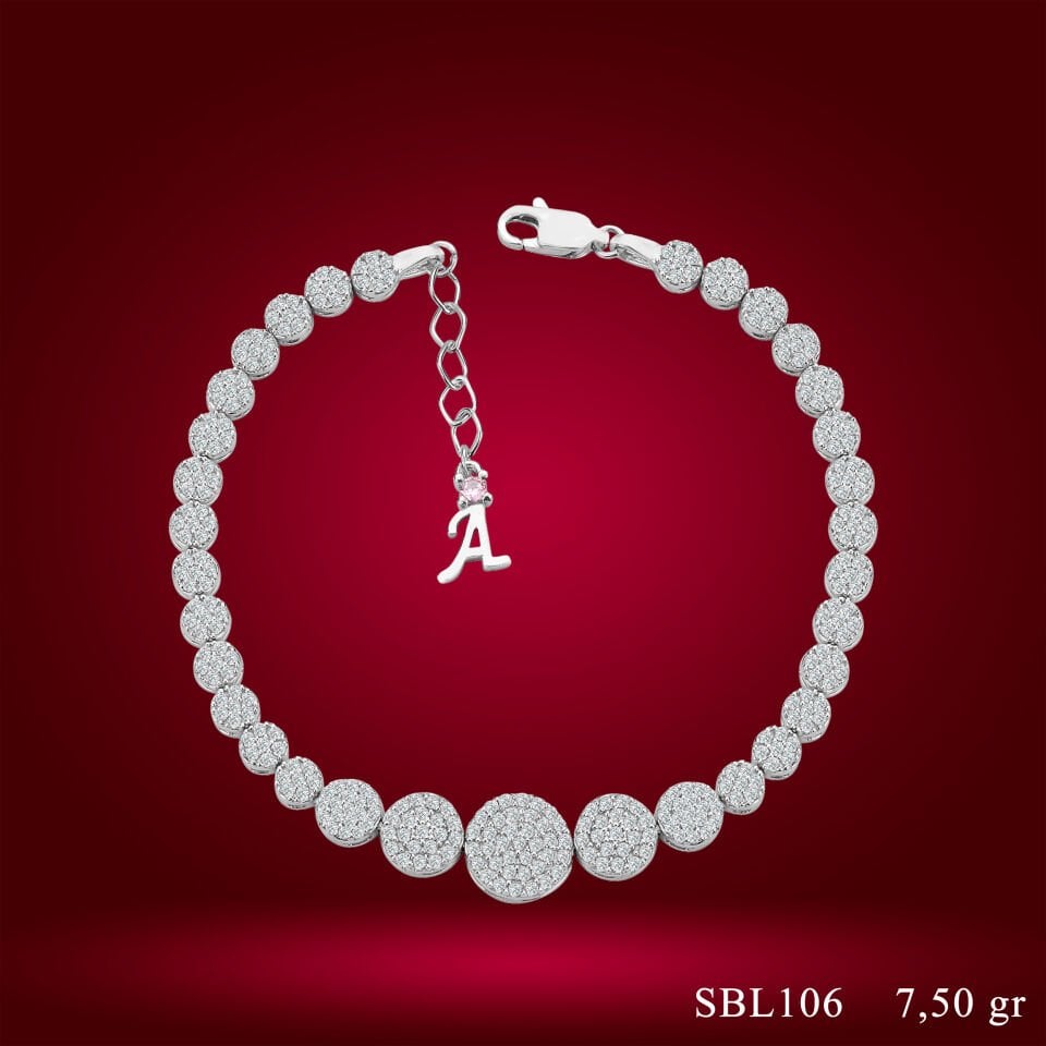925 Ayar Gümüş Pırlanta Taşlı Zincir Harfli Su Yolu Bileklik