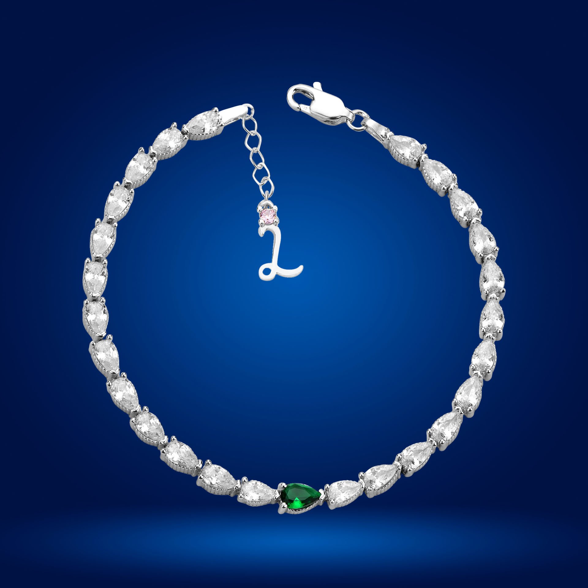 925 Ayar Gümüş Yeşil Damla Taşlı Zincir Harfli Su Yolu Bileklik L