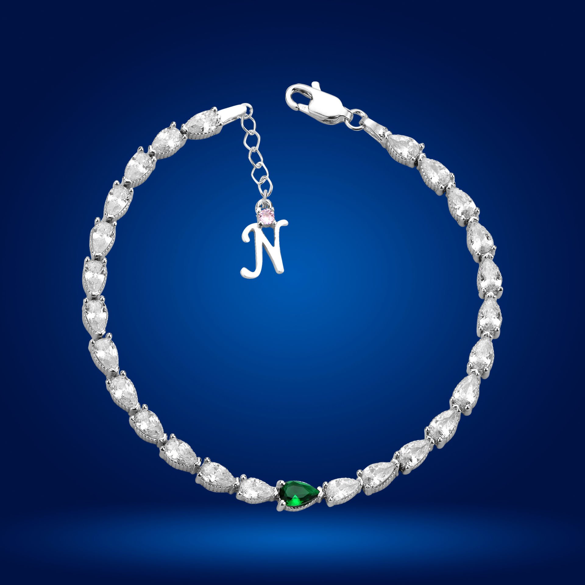 925 Ayar Gümüş Yeşil Damla Taşlı Zincir Harfli Su Yolu Bileklik N