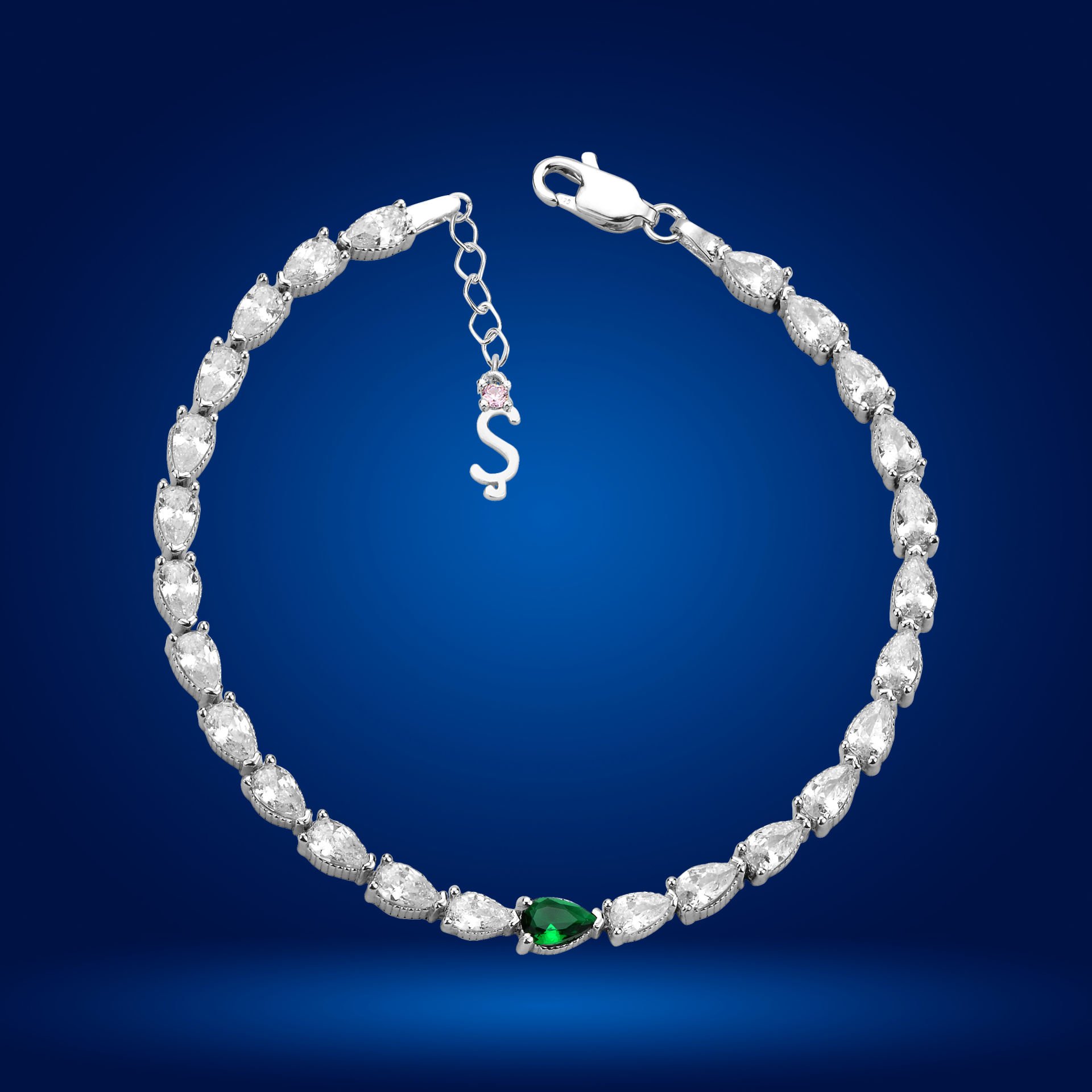 925 Ayar Gümüş Yeşil Damla Taşlı Zincir Harfli Su Yolu Bileklik Ş