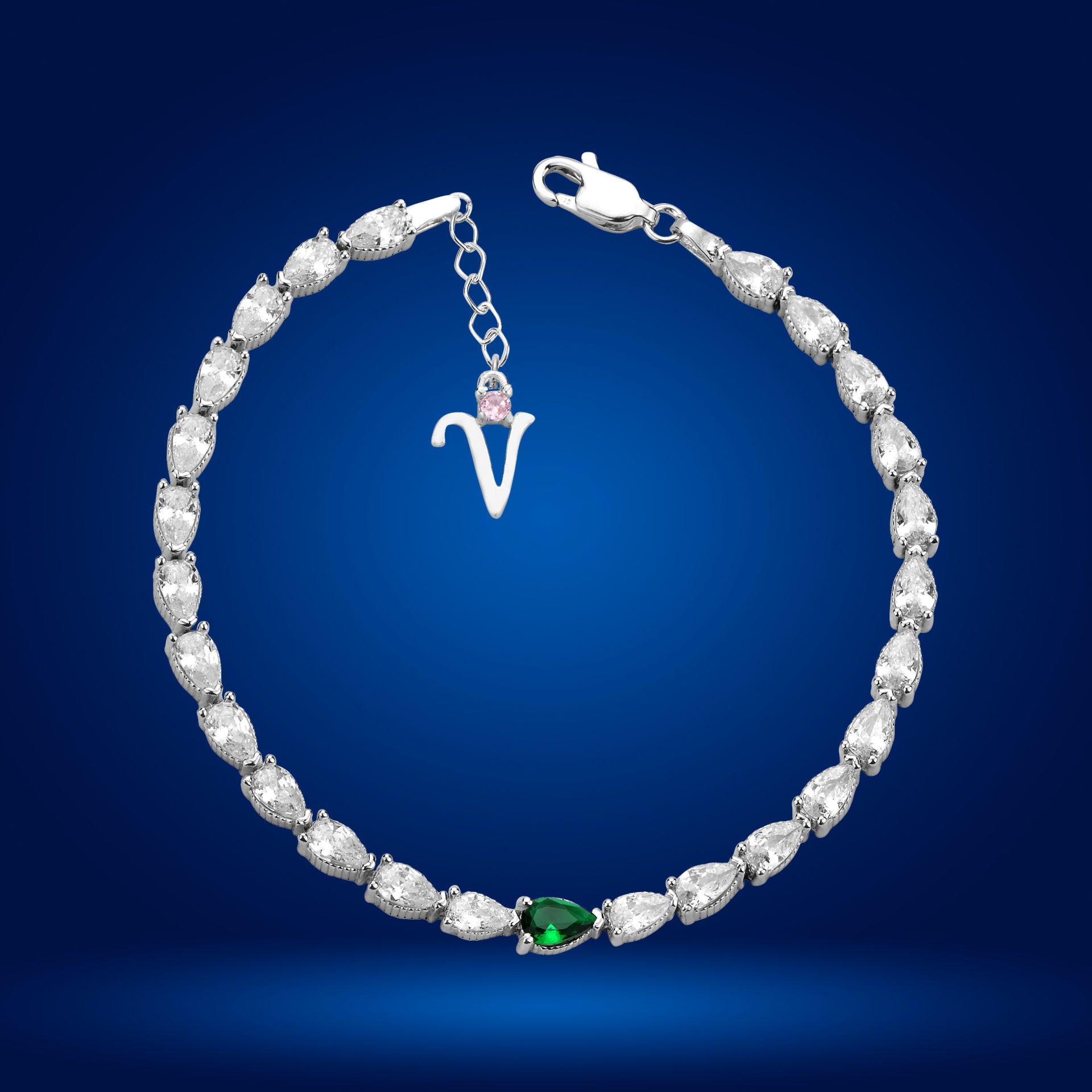 925 Ayar Gümüş Yeşil Damla Taşlı Zincir Harfli Su Yolu Bileklik V