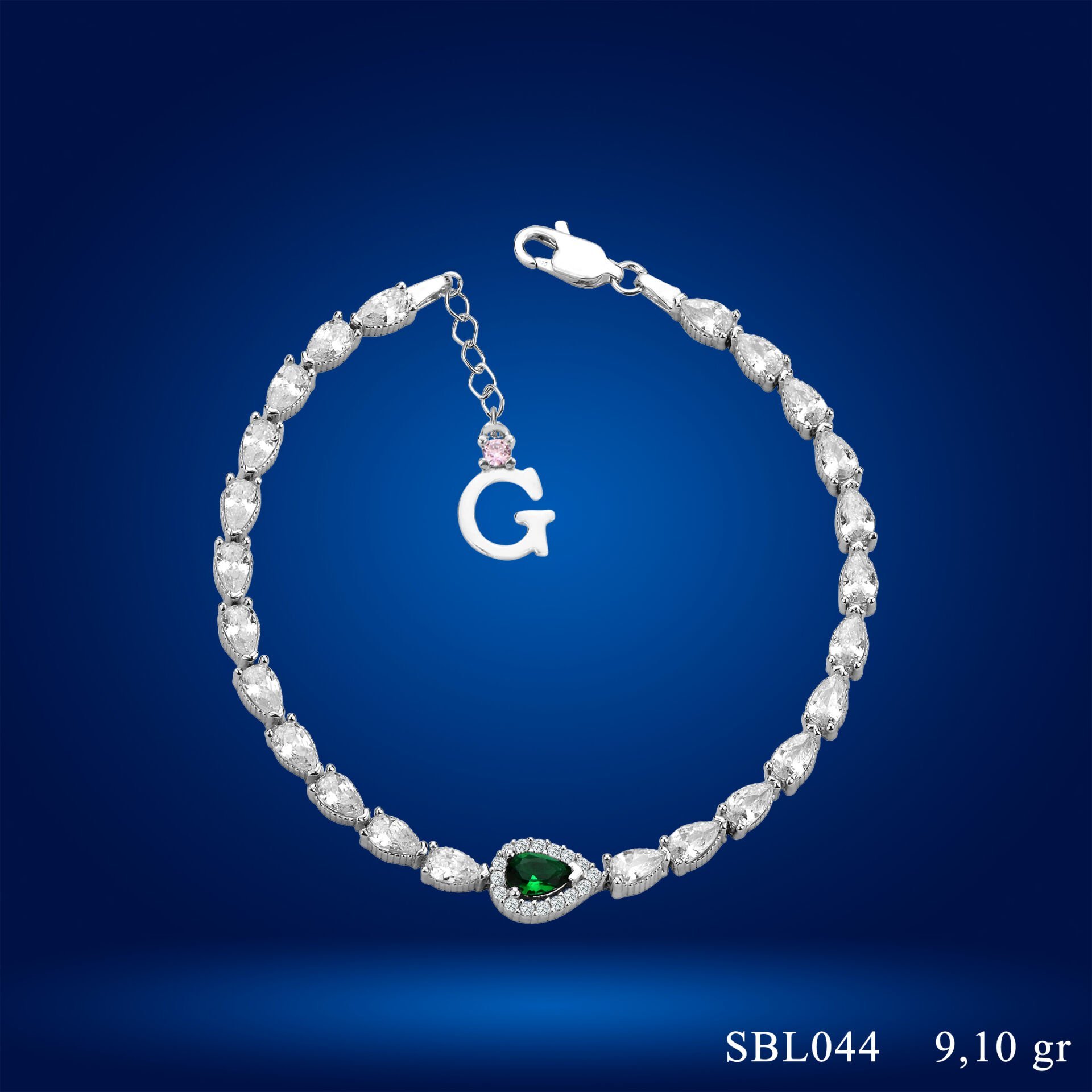 925 Ayar Gümüş Yeşil Damla Taşlı Zincir Harfli Su Yolu Bileklik