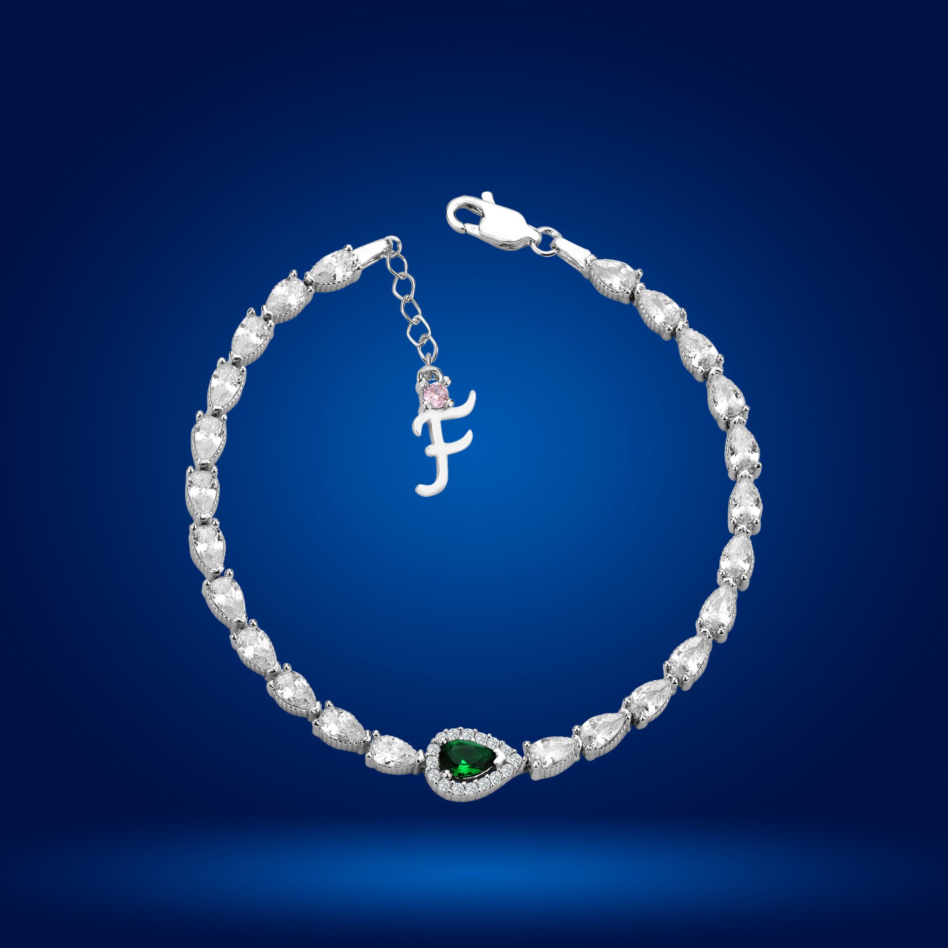 925 Ayar Gümüş Yeşil Damla Taşlı Zincir Harfli Su Yolu Bileklik F