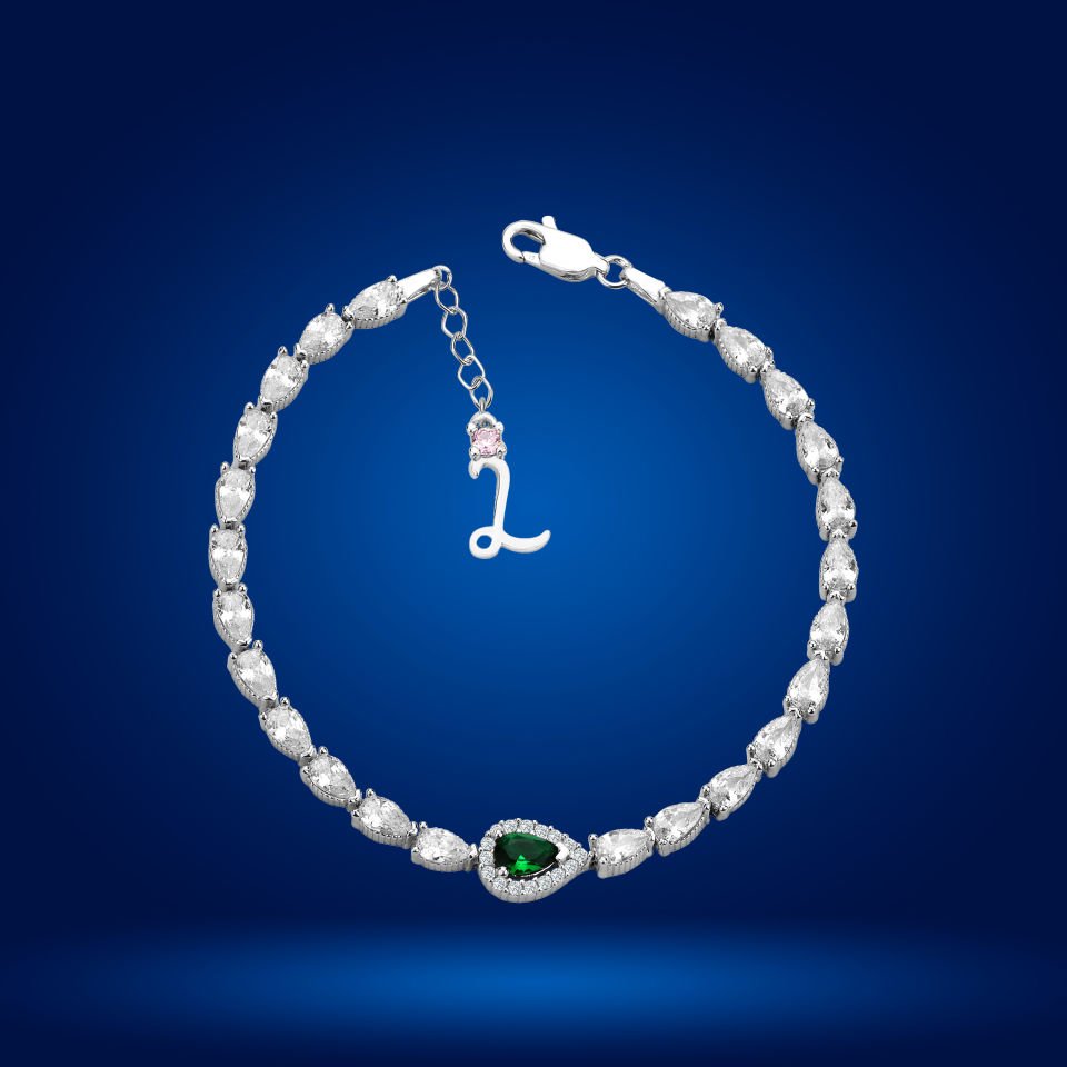 925 Ayar Gümüş Yeşil Damla Taşlı Zincir Harfli Su Yolu Bileklik L