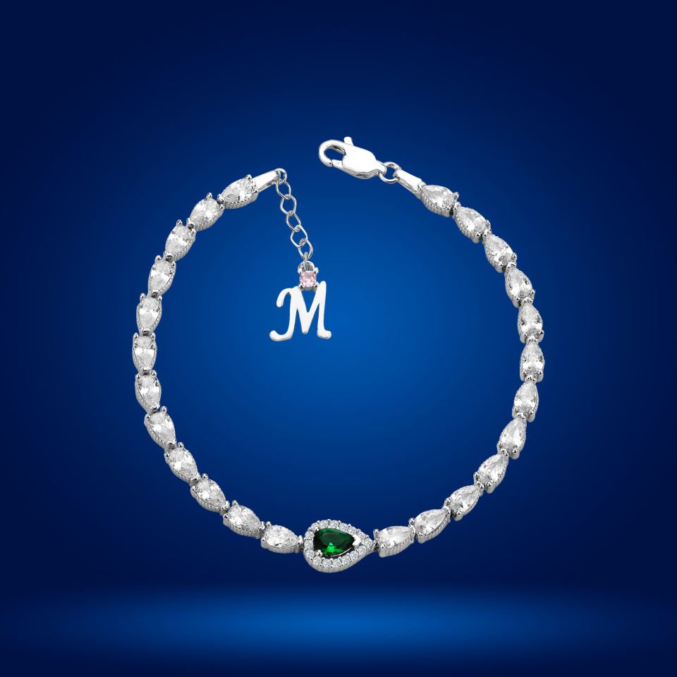 925 Ayar Gümüş Yeşil Damla Taşlı Zincir Harfli Su Yolu Bileklik M