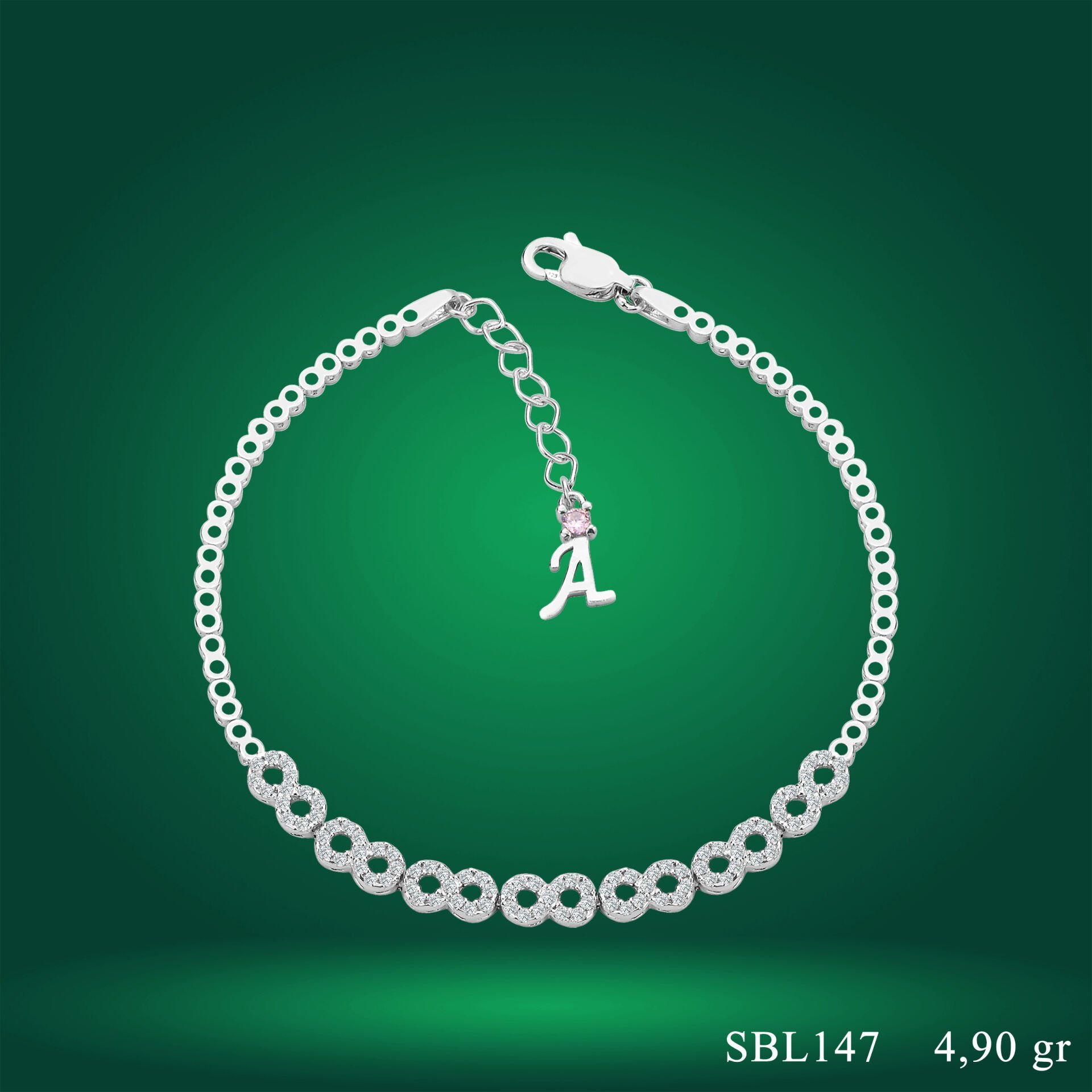 925 Ayar Gümüş Pırlanta Montür Sonsuzluk Zincir Harfli Su Yolu Bileklik