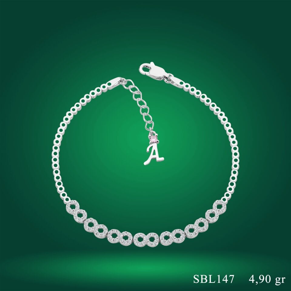 925 Ayar Gümüş Pırlanta Montür Sonsuzluk Zincir Harfli Su Yolu Bileklik