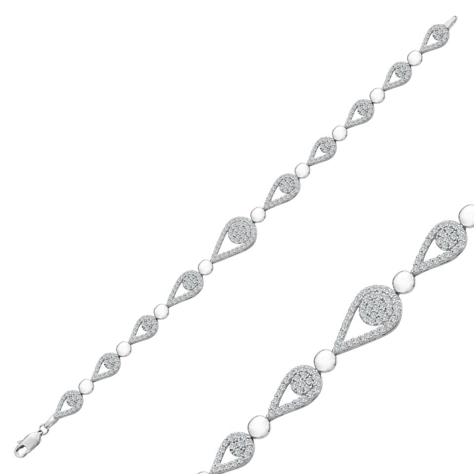 925 Ayar Gümüş Damla Pırlanta Model Zincir Harfli Su Yolu Bileklik