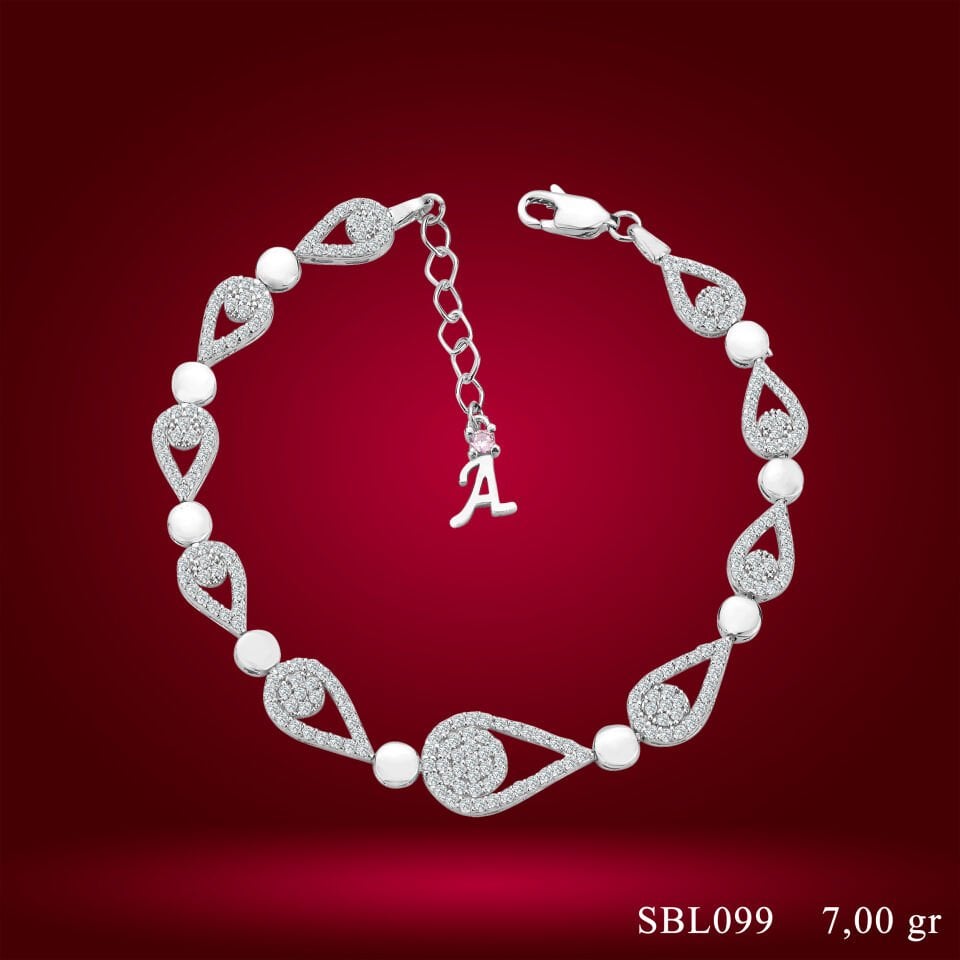 925 Ayar Gümüş Damla Pırlanta Model Zincir Harfli Su Yolu Bileklik