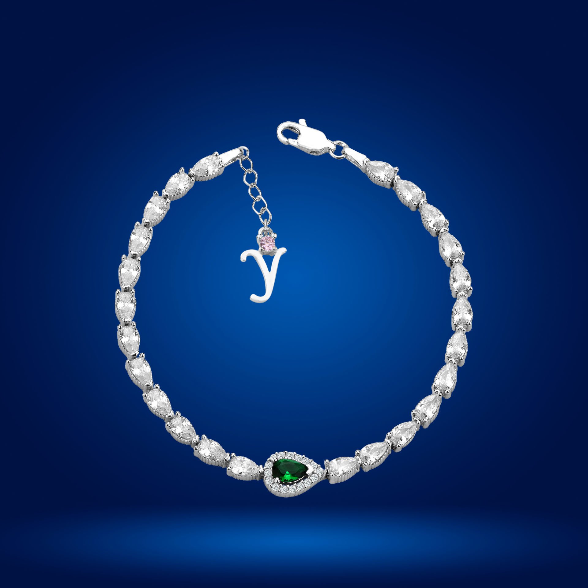 925 Ayar Gümüş Yeşil Damla Taşlı Zincir Harfli Su Yolu Bileklik Y