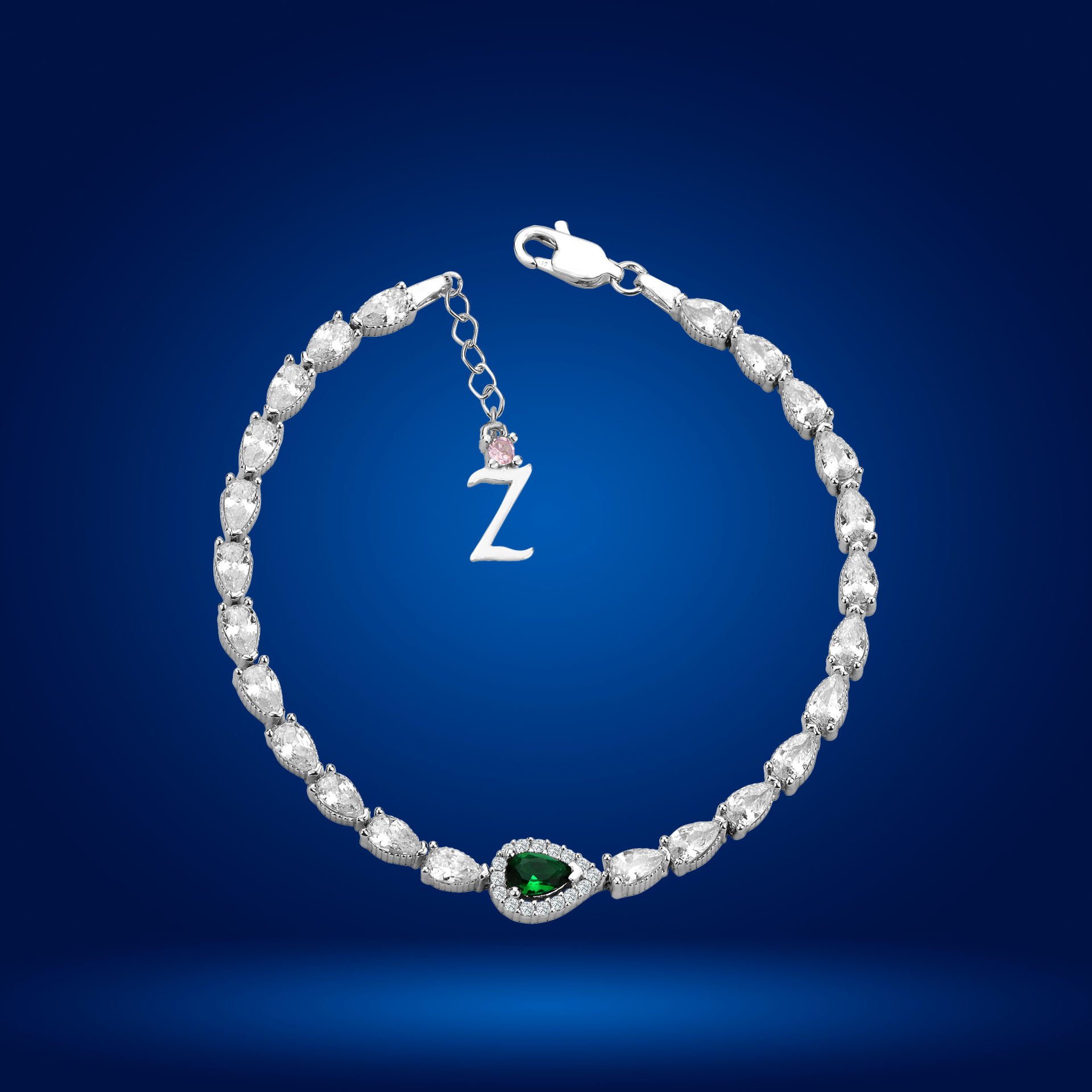 925 Ayar Gümüş Yeşil Damla Taşlı Zincir Harfli Su Yolu Bileklik Z