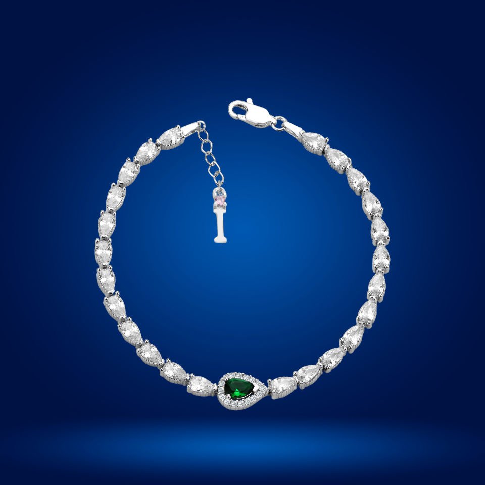 925 Ayar Gümüş Yeşil Damla Taşlı Zincir Harfli Su Yolu Bileklik I