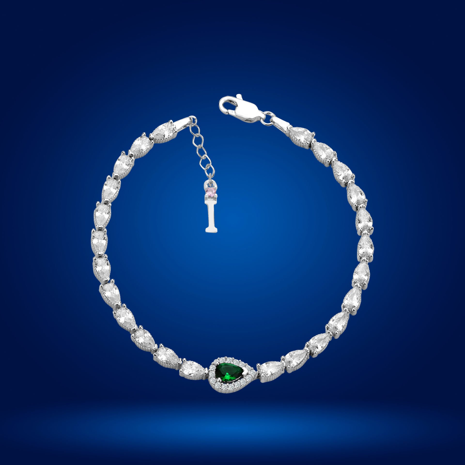 925 Ayar Gümüş Yeşil Damla Taşlı Zincir Harfli Su Yolu Bileklik İ