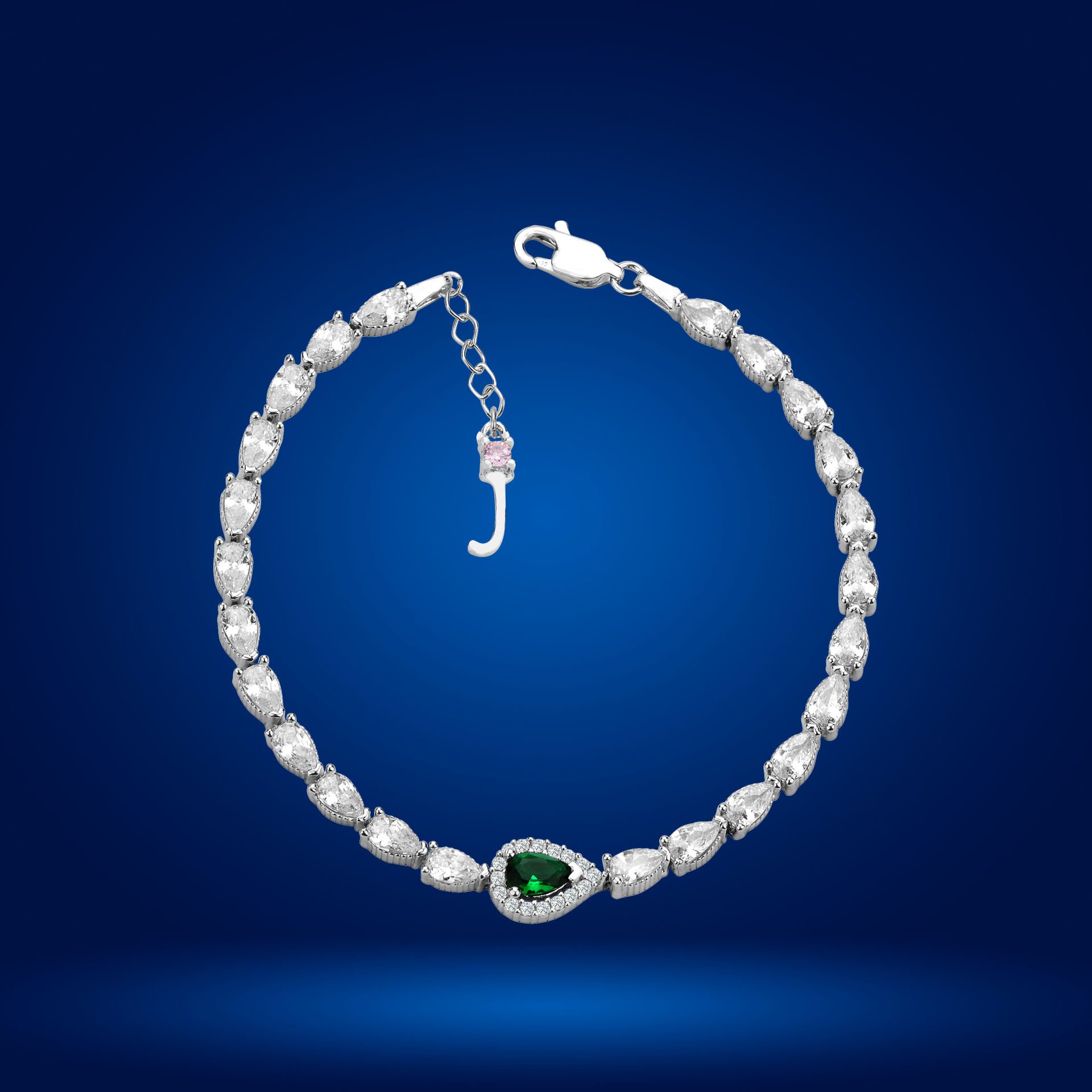 925 Ayar Gümüş Yeşil Damla Taşlı Zincir Harfli Su Yolu Bileklik J