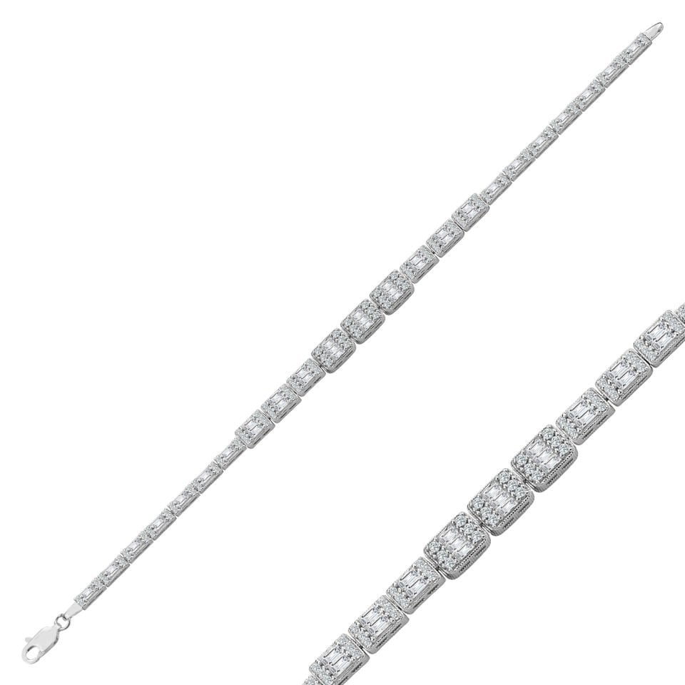 925 Ayar Gümüş Ful Baget Taşlı Zincir Harfli Su Yolu Bileklik