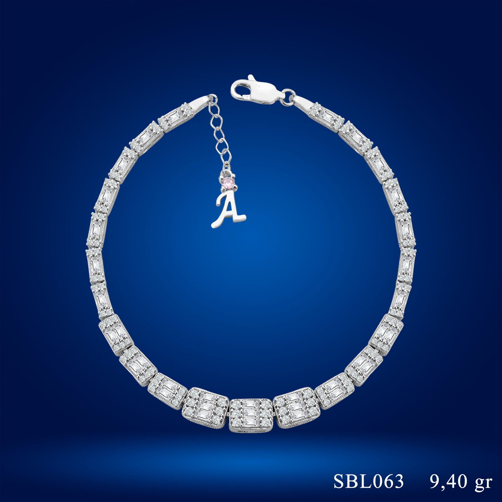 925 Ayar Gümüş Ful Baget Taşlı Zincir Harfli Su Yolu Bileklik