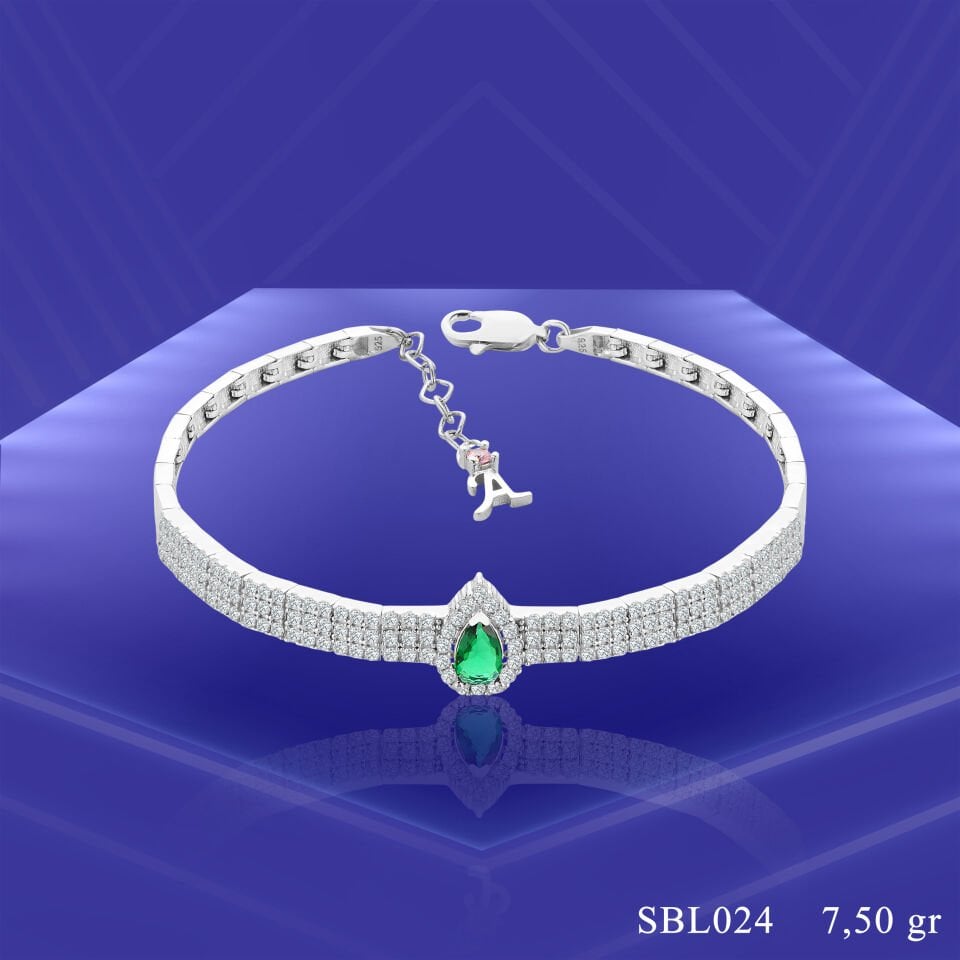 925 Ayar Gümüş 3 Sıra Yeşil Damla Harfli Su Yolu Bileklik