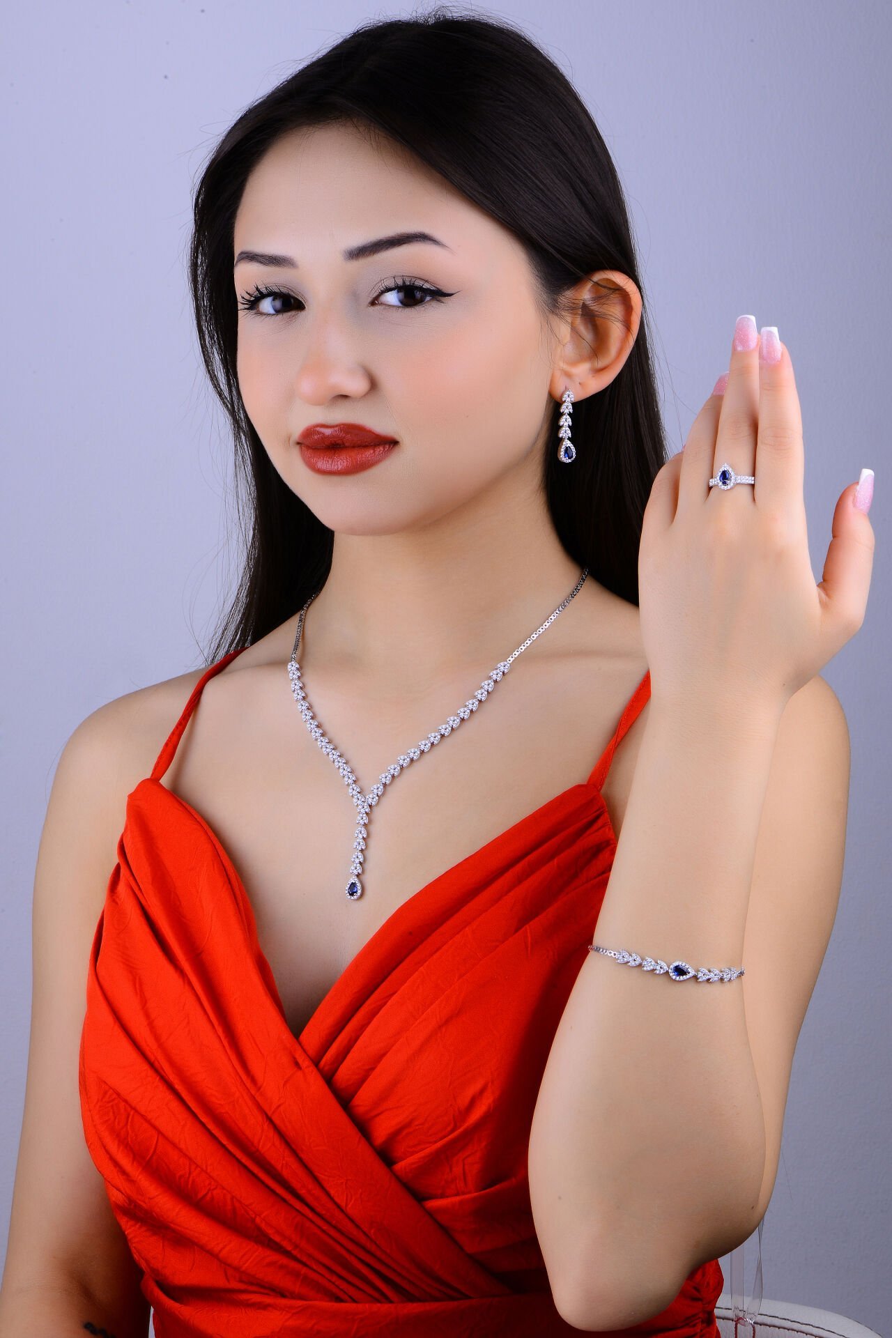 925 Ayar Gümüş Buğday Model Mavi Damla Taşlı Su Yolu Set