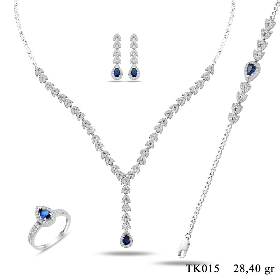 925 Ayar Gümüş Buğday Model Mavi Damla Taşlı Su Yolu Set