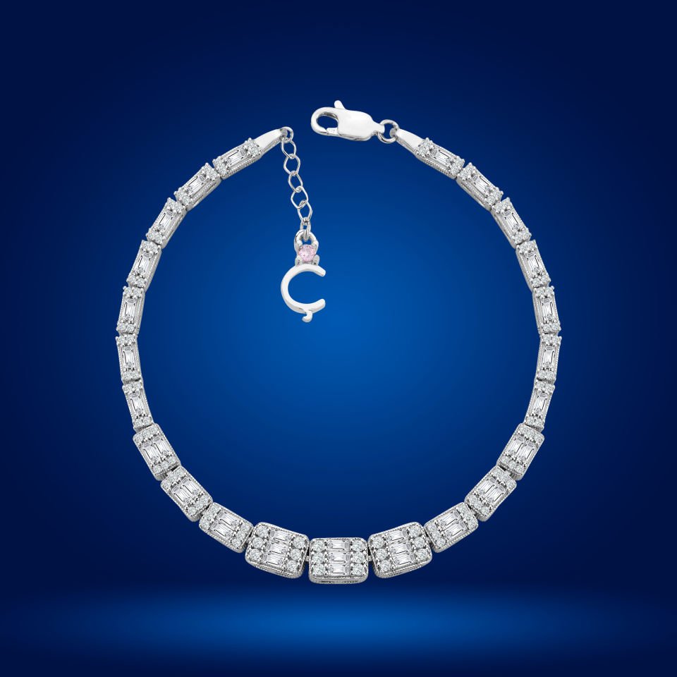 925 Ayar Gümüş Ful Baget Taşlı Zincir Harfli Su Yolu Bileklik Ç