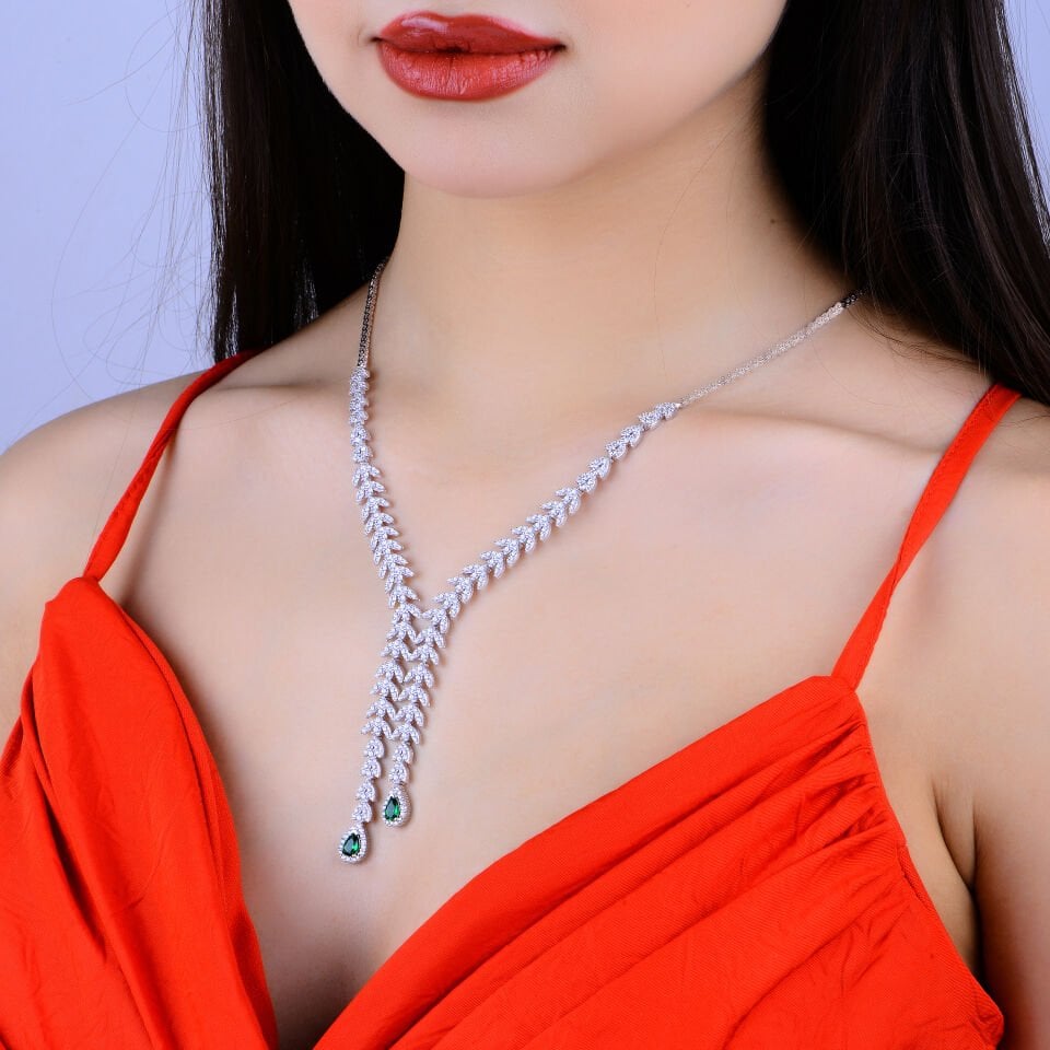 925 Ayar Gümüş Buğday Model Çift Salkım Damla Taşlı Su Yolu Set